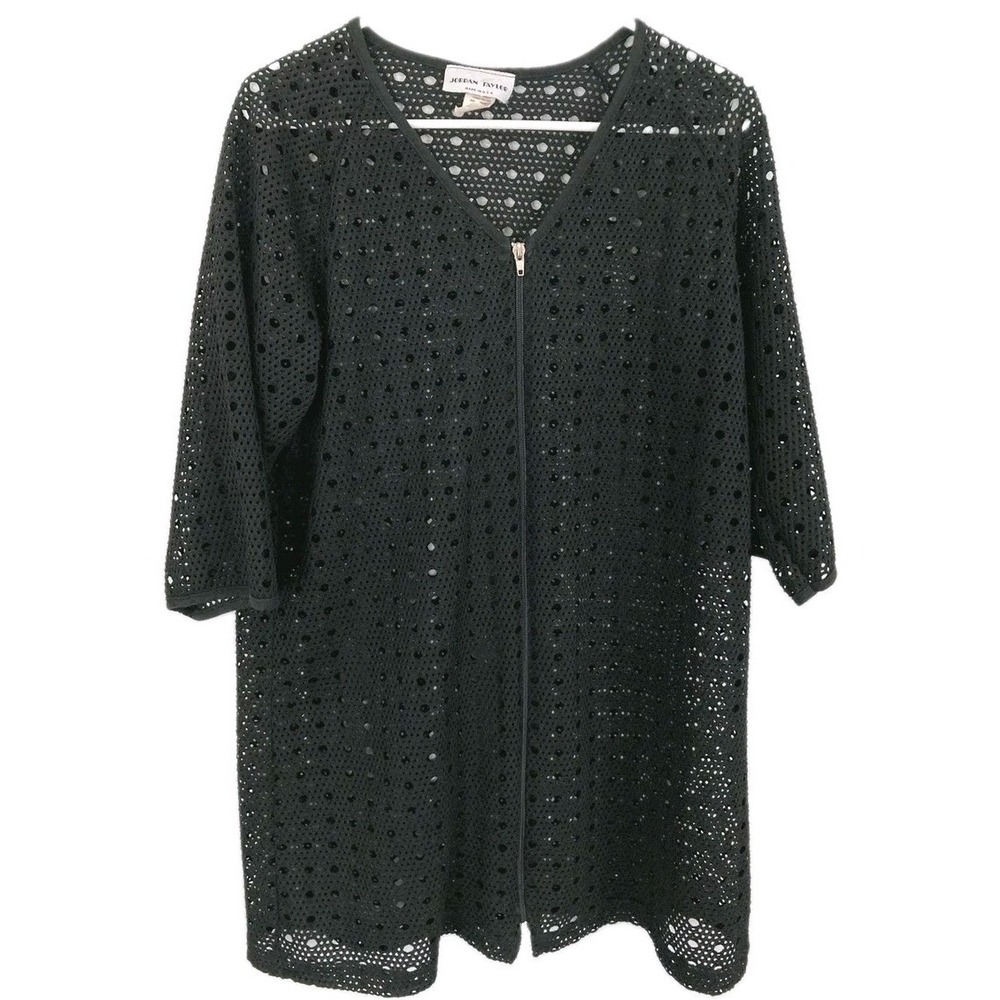 Vtg Jordan Taylor Swim Cover Up Womens L Black Crochet Zip Tunic Beach Made USA